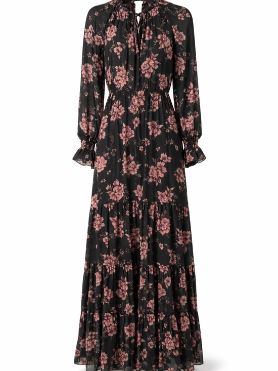 Free People Dresses & Skirts - Free People Black Pink Floral Maxi Dress Sheer Long Sleeve Tiered Boho Sz Small